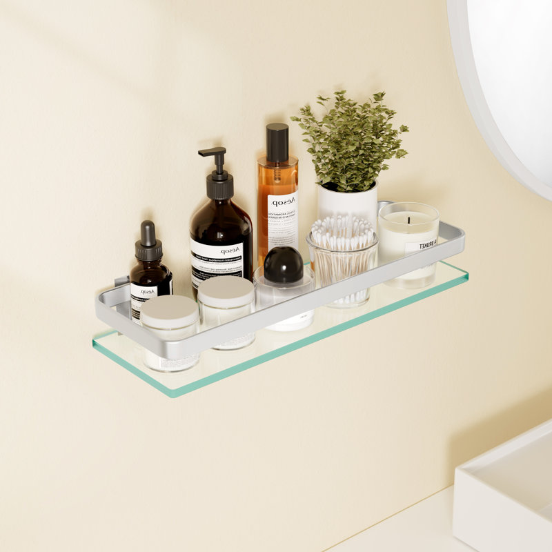 Janetta 14 Inch Bathroom Floating Glass Shelf Tempered Glass Rectangular 1 Tier Extra Thick Aluminum Wall Mounted Silver