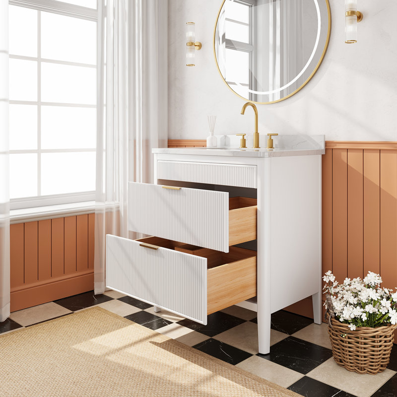Meuble-lavabo autoportant blanc simple 30 po pour salle de bain, bois massif, marbre d'ingénierie, tiroirs, blanc entièrement assemblé, assemblé, peinture imperméable