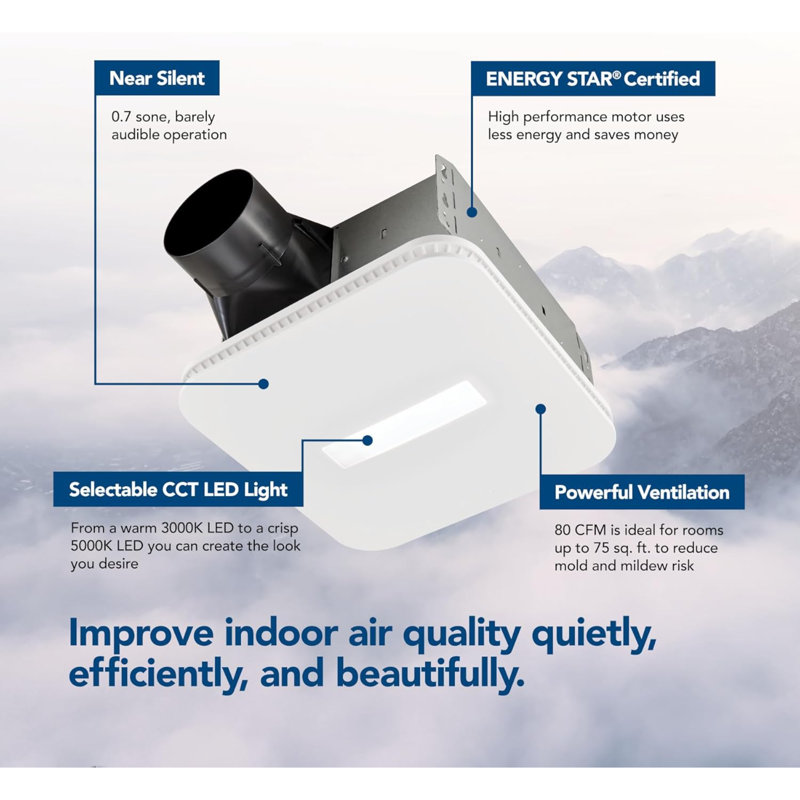 Ventilateur de salle de bain CleanClass, 80 pi³ / min, 0,7 sone, avec éclairage à DEL CCT sélectionnable, Energy Star
