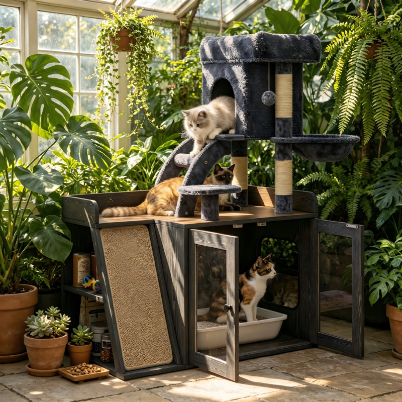 Enceinte de litière cachée pour grands chats, arbre à chat 2 en 1 et armoire à litière avec perchoir moelleux et bande RVB