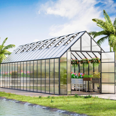 Serre de 36 x 10 pi en polycarbonate avec cadre en aluminium, porte verrouillable et fenêtre de ventilation, serre pour l'extérieur