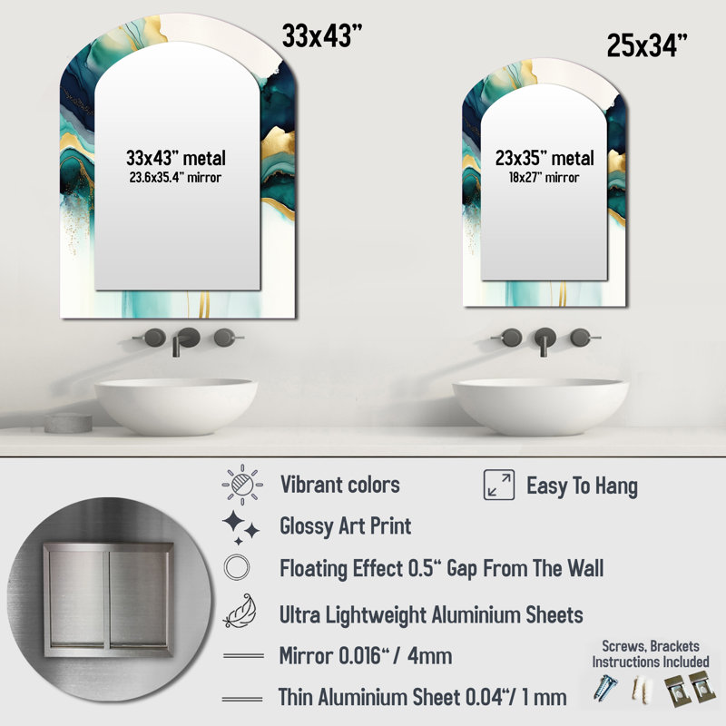 Teal And Gold Abstract Expression I - Liquid Ink Arch Decorative Mirror, Modern Asymmetrical Wall Mirror, Printed Metal Art