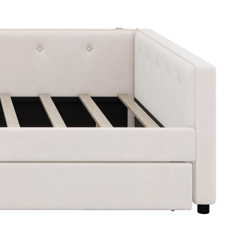 Lit plateforme tapissier avec port USB et 2 tiroirs, lit de jour rembourré en lin, aucun sommier nécessaire, Lit double