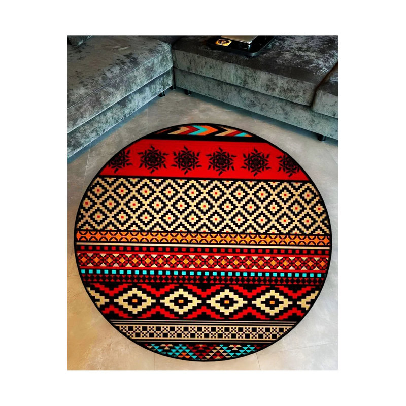 Red Black Ethnic Pattern Detailed Woven Base Modern Decorative Carpet, Round 2'8"