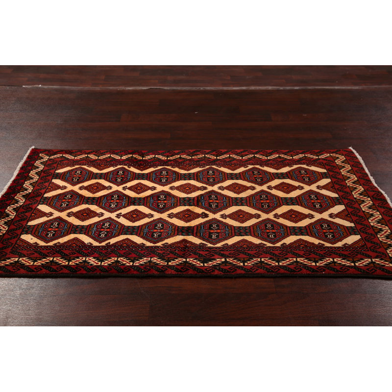 Tapis unique en laine noué à la main rouge et jaune nouvel âge Balouch 3 pi 5 po x 6 pi 2 po Tullahassee