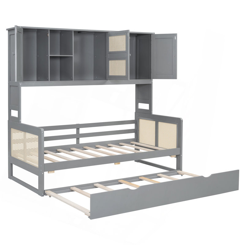 Lit de jour polyvalent en bois avec armoire intégrée et lit gigogne pour optimiser l'espace, Gris, Lit simple