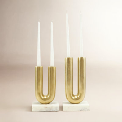 Cole And Grey Aluminum U-Shaped Candle Holder With White Marble Bases