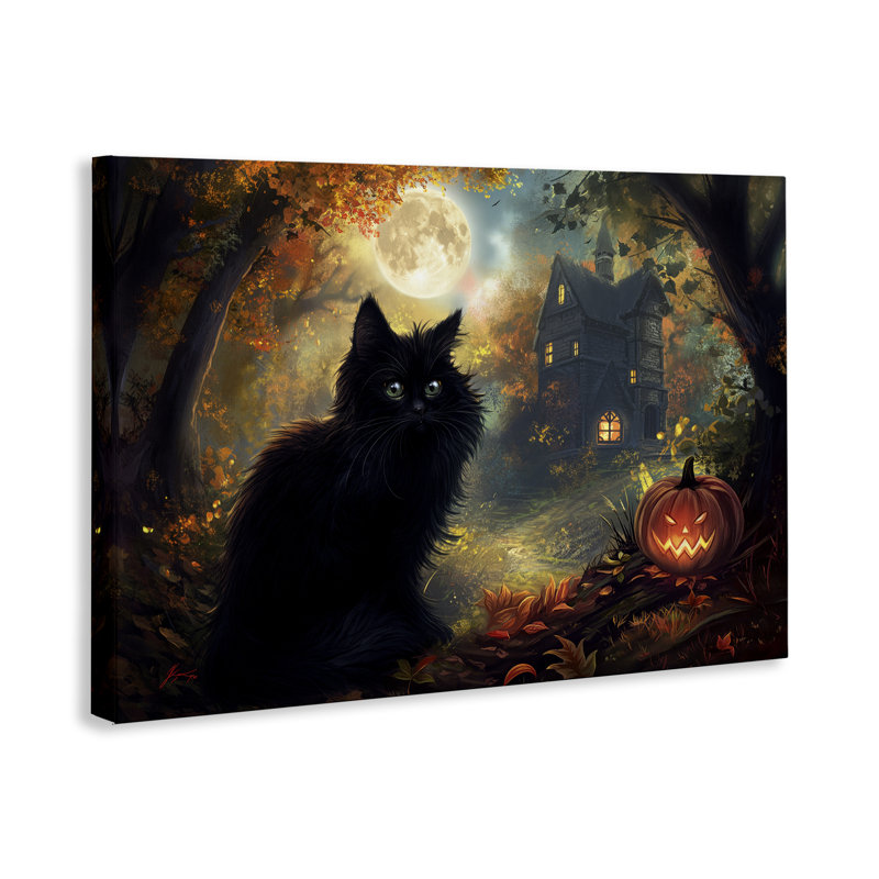 Black Cat & Haunted Mansion Canvas, design by Wumples, 16" H x 24" W