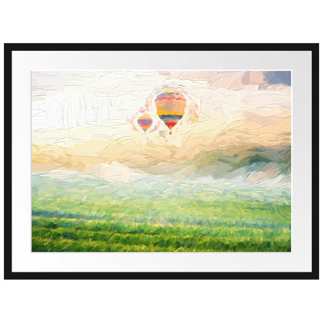 Gerahmtes Papierbild Heißluftballon Landschaft