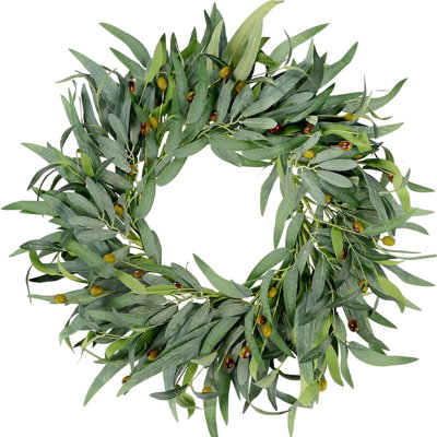 Front Door Wreath - Green - 22" Artificial Olive Leaves, Year-Round Spring/Summer Décor, Indoor/Outdoor Wall & Window Decor