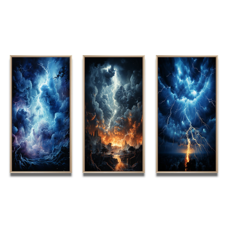 «Lightning Electric Symphony», 3 pièces sur toile, Cadre naturel flottant, H 40 po x l 60 po
