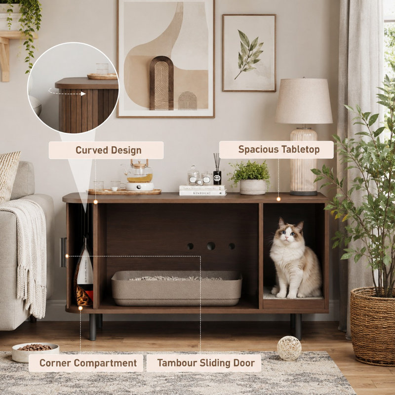 Avec ses 37,4 pouces de hauteur, ce meuble à litière dissimulé en noyer combine un griffoir et une porte coulissante avec un mobilier d'intérieur moderne pour chat qui peut servir de meuble télé ou de table d'appoint dans le salon.
