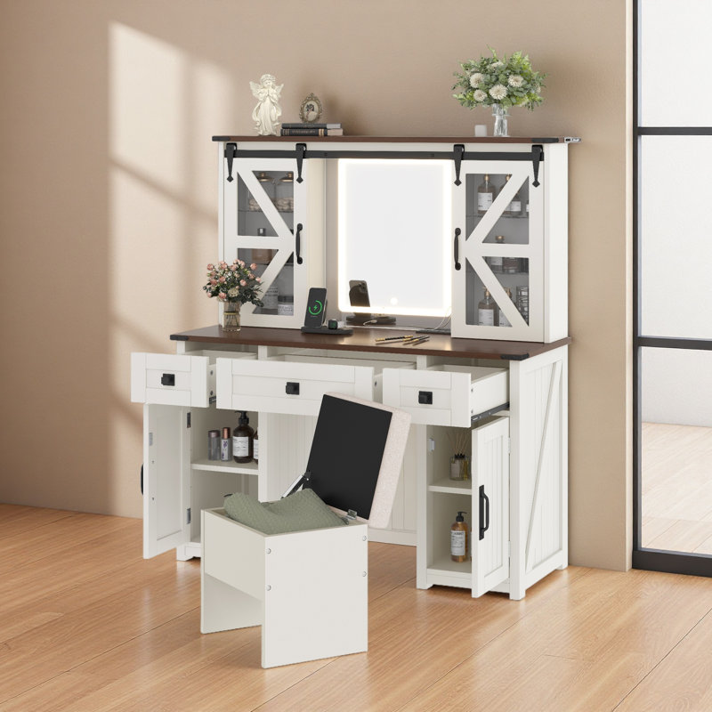 Ensemble de coiffeuse 43,3 "avec miroir lumineux, ensemble de coiffeuse avec tabouret de rangement et station de charge