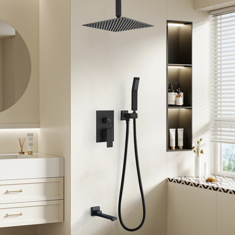 1 jet de 16 po Tête de douche à fixation au plafond fixe et à main avec robinet de baignoire 2,5 GPM noir mat