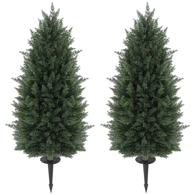 43.3 Inch Set of 2 Artificial Topiary Cedar Trees, Indoor Outdoor Faux Pine Shrubs Plants, UV Resistant Realistic Artificial Bushes with Ground Stake for Garden, Porch, Balcony