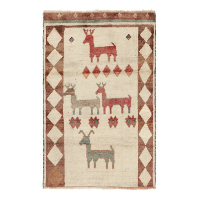 Vintage Gabbeh  Rug, Beige With Colorful Animal Pictorials - Rug & Kilim