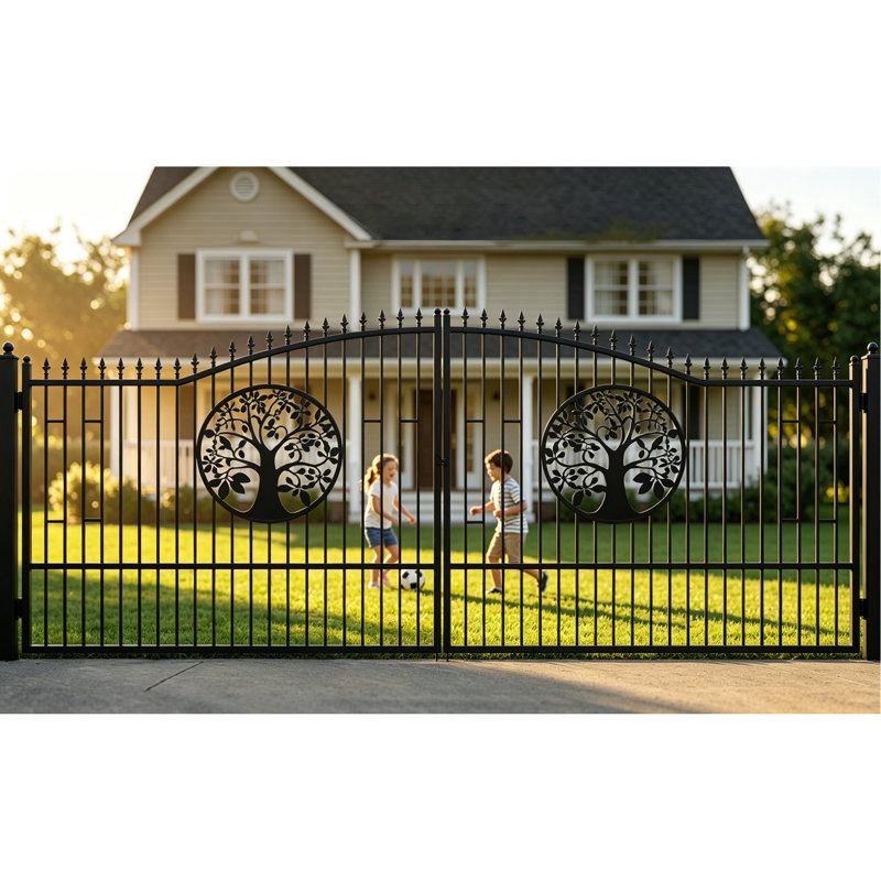 20FT x 7FT Heavy-Duty Bi-Parting Iron Gate – Galvanized Steel Driveway Entrance Gate  (Tree Flower), 86.2" X 4.54"