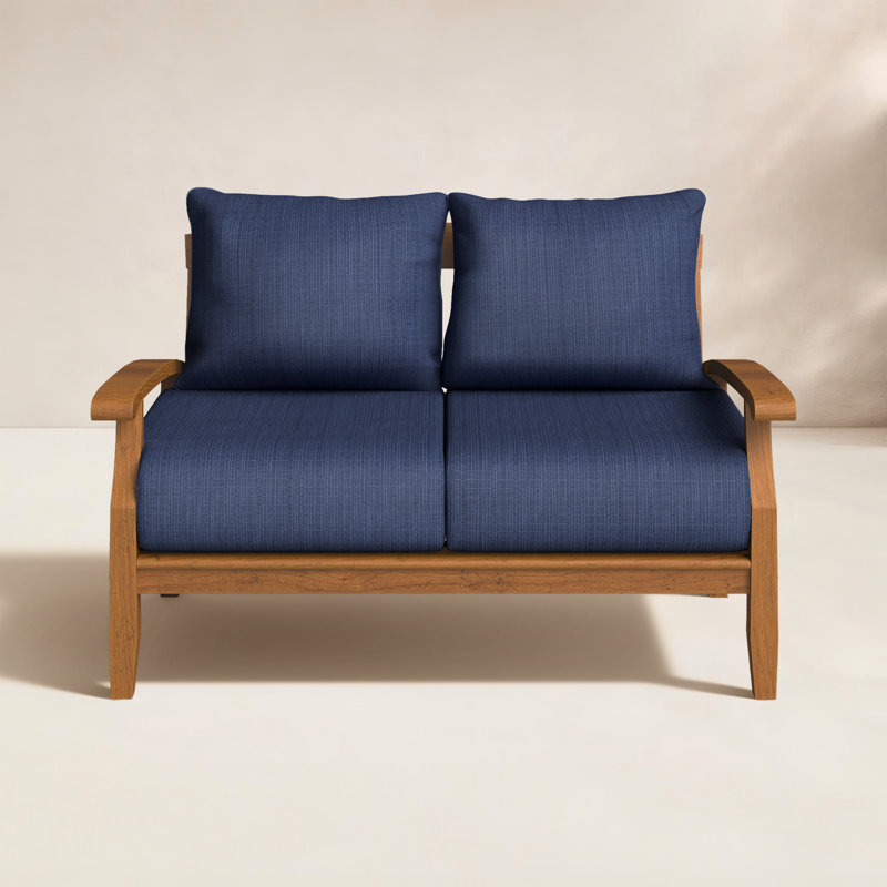 Summerton 54.25'' Wide Rectangle Teak Loveseat with Cushions, Navy Performance Olefin, Natural