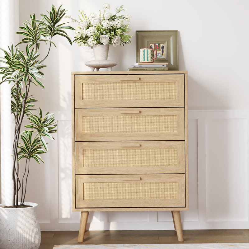 Commode 4 tiroirs avec pieds en bois massif, Chêne naturel