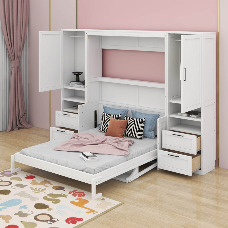 Grand lit escamotable avec placard, tiroirs et tablettes, Blanc