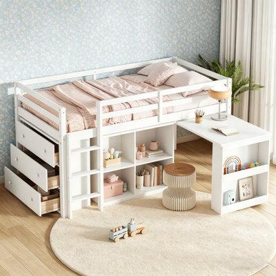 Lit mezzanine simple avec rangement, tiroirs, bureau coulissant et dispositifs de sécurité pour économiser de l'espace et organiser votre vie