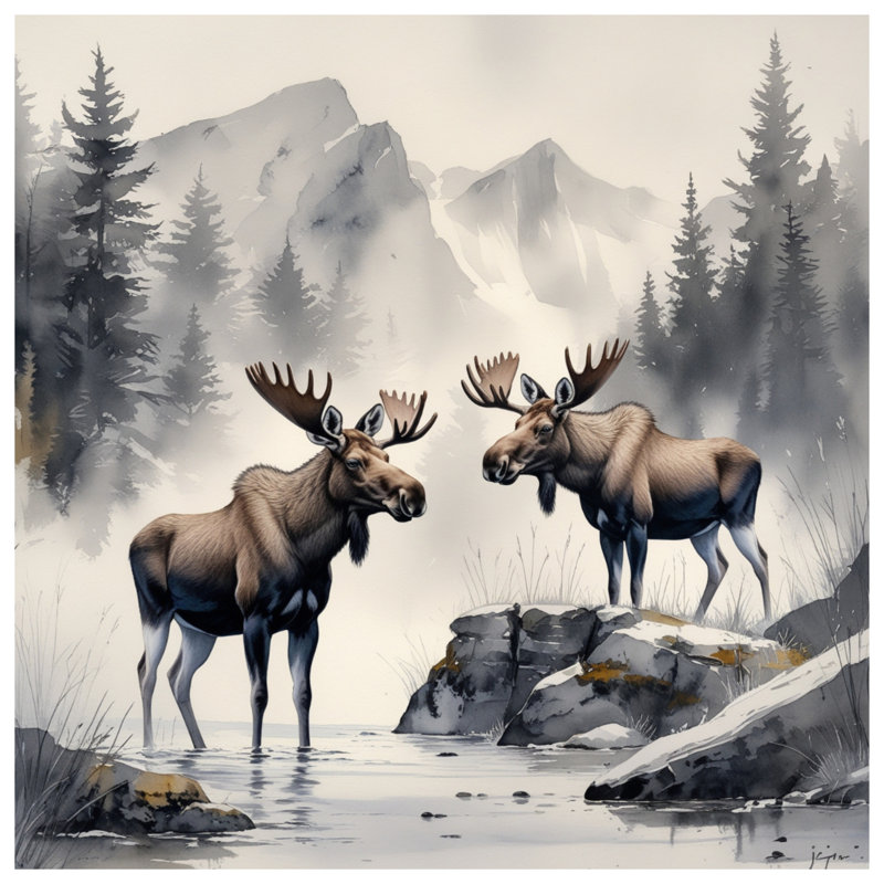 Moose In Mountain Landscape Double Sided Throw Pillows, 14 x 14 inches