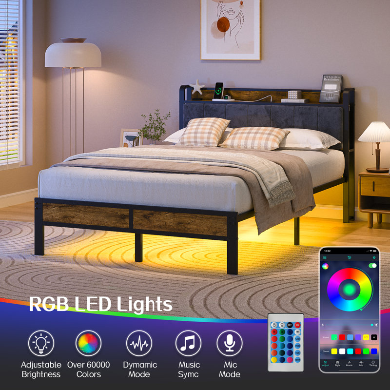 Structure de lit simple avec tête de lit Carlno, lit plateforme en métal avec lumières DEL intelligentes et station de charge USB Knessa