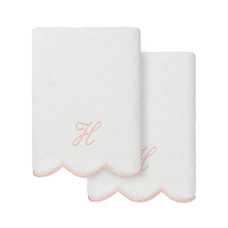  100% Turkish Cotton ADORNIA Scallop 2PC Personalized Hand Towel Set, H, White/Pink, Hand Towel - 2 Pack