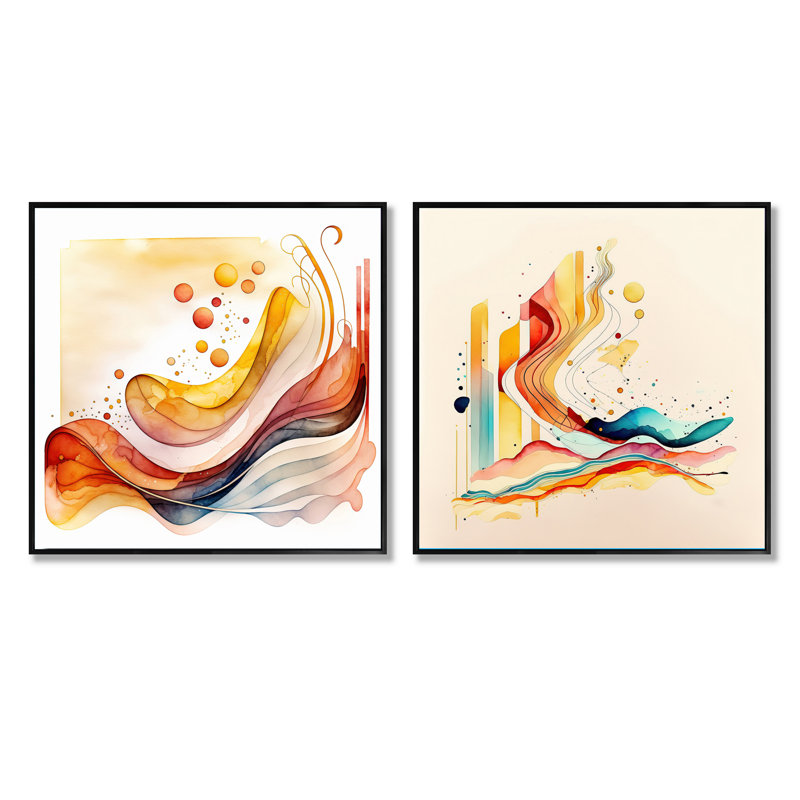Warm Minimalist Waves - Ensemble de 2 collages carrés modernes, Cadre flottant noir, H 16 po x l 33 po