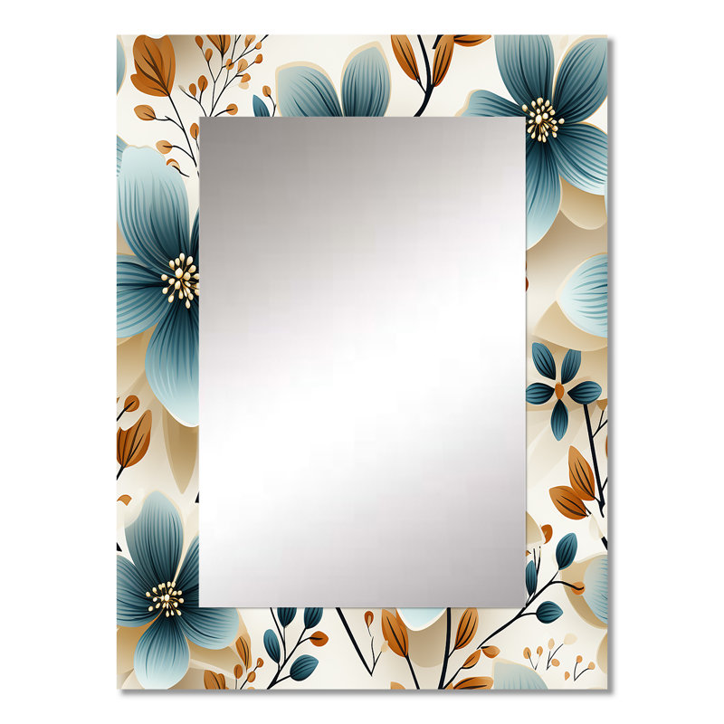 Surafel Vintage Romance Teal Marvel Blooms - Floral Decorative Wall Mirror, Cottage Large Mirror, Printed Metal Art
