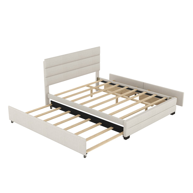 Lit plateforme tapissier avec lit gigogne et deux tiroirs, Beige