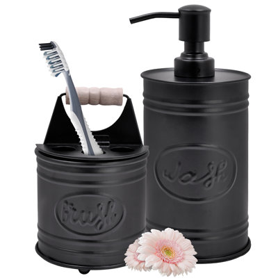 Maryl Rustic Matte Black 2 PC Bathroom Accessory Set With Farmhouse Soap Dispenser