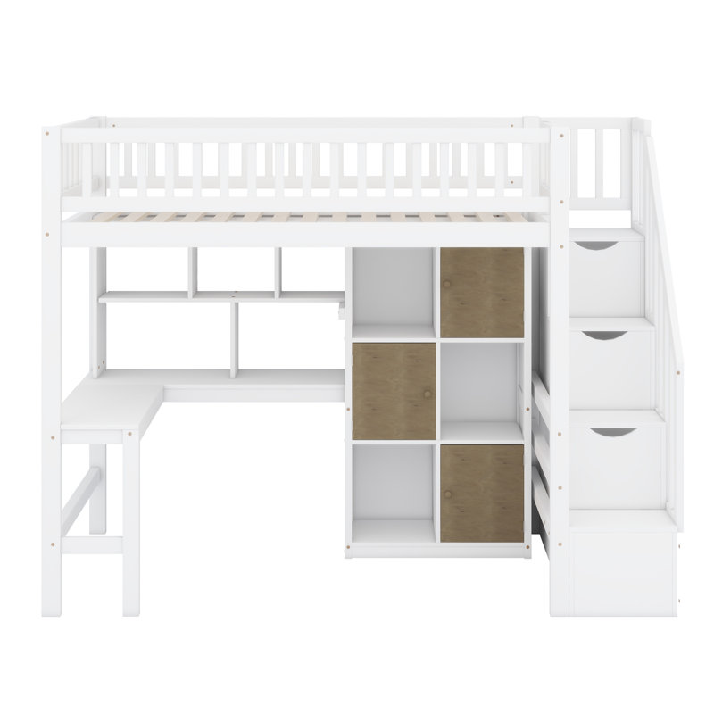 Lit mezzanine en bois avec bureau intégré, DEL, tablettes de rangement, armoires et escalier, Blanc