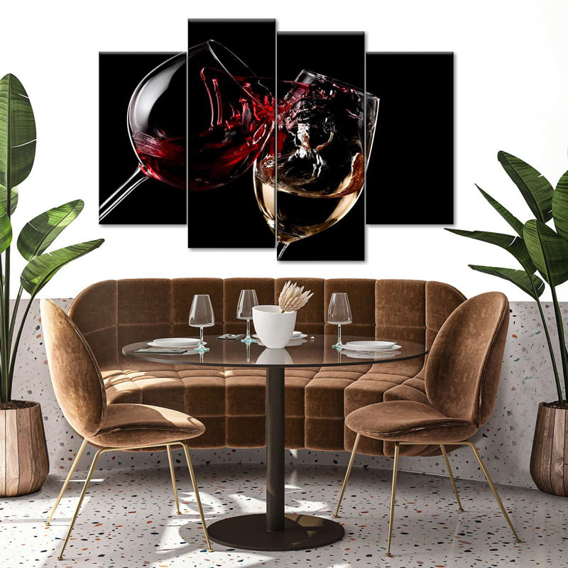 Ensemble de verres à vin rouges et blancs sur toile 4 pièces, H 22 po x l 36 po x P 1 po