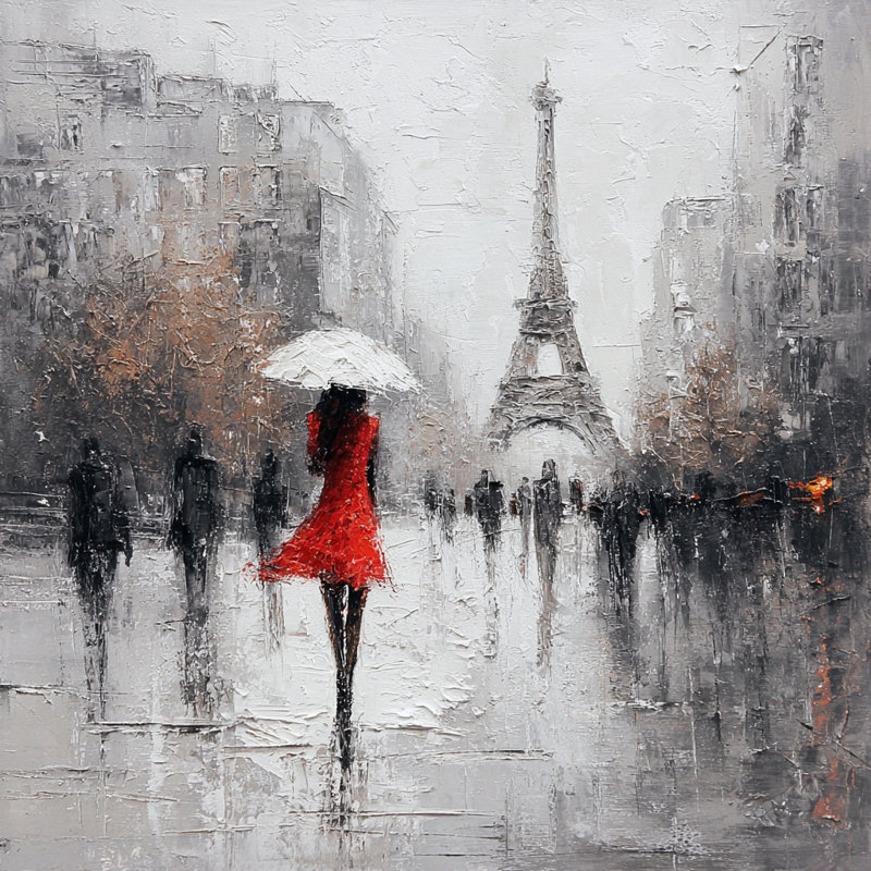 «Rainy Paris in Red Wrarap», art mural sur toile