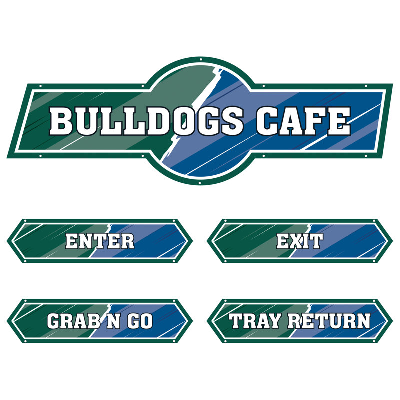 AmTab - Serving-Décor-S01-A-EC - Serving Area Signage (5 pieces) - Style 1 - Bulldogs
Café Sign: 24"W x 72"L
Enter Sign:  8.5"W x 36"L
Exit Sign:  8.5"W x 36"L
Grab N Go Sign:  8.5"W x 36"L
Tray Return Sign:  8.5"W x 36"L