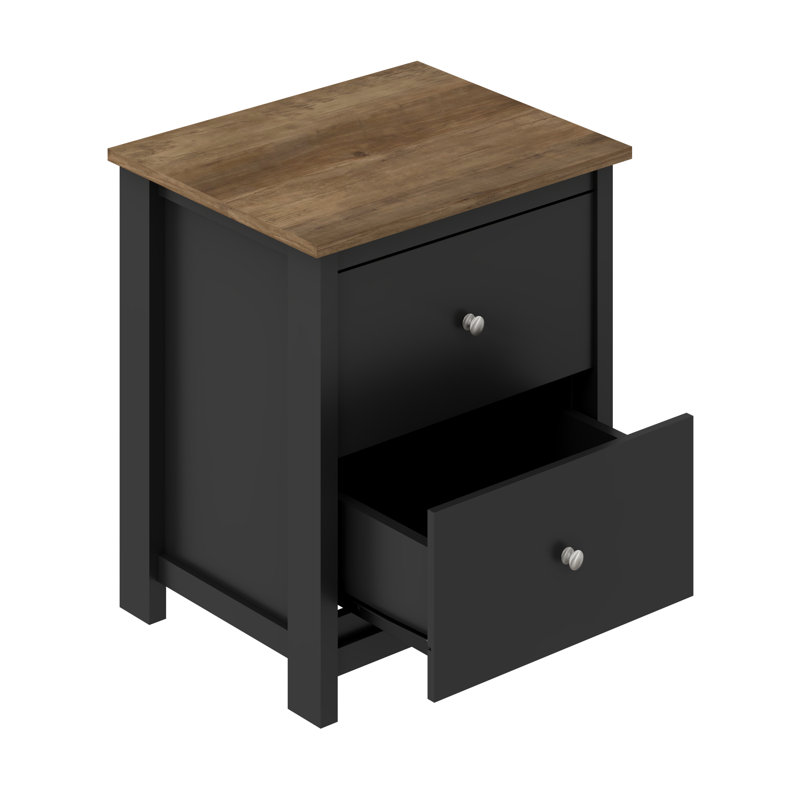 Isenbert 21.9" 2 Drawer Nightstand, Black/Knotty Oak