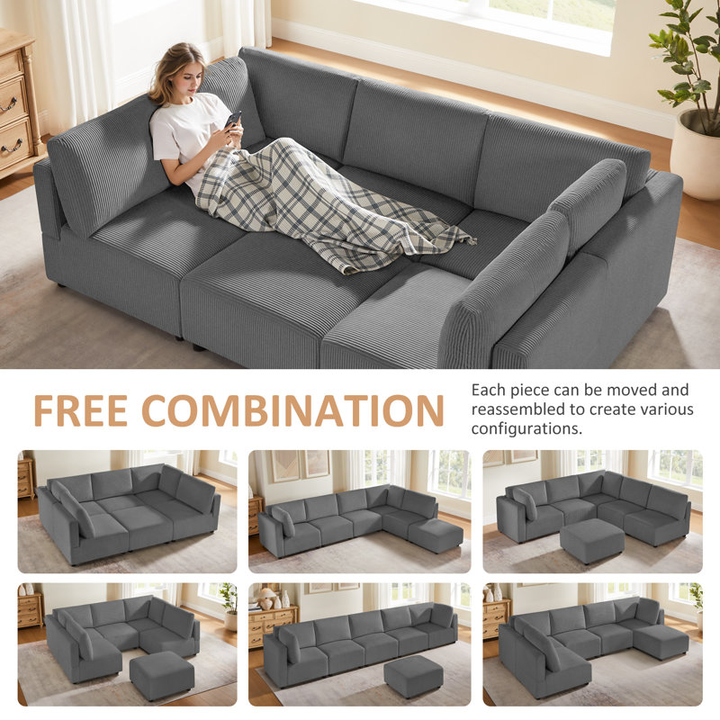 Ebern Designs 6-Piece Corduroy Upholstered Modular Sectional Sofa With ...