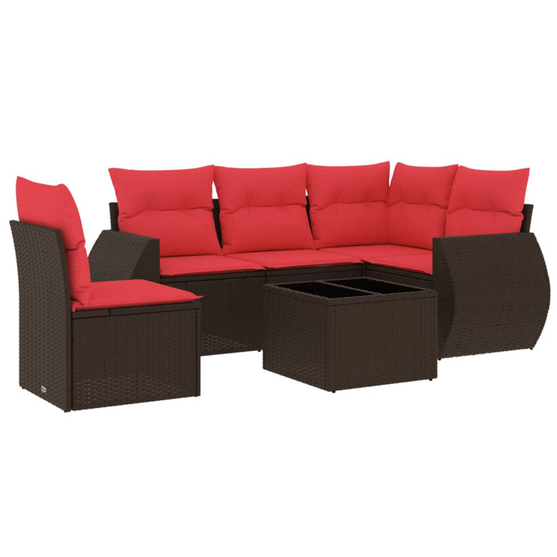 Ensemble de canapé de patio 6 pièces avec coussins en rotin de polyester, Rouge, Brun