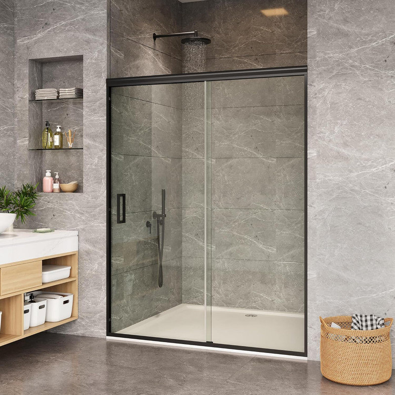 72" x 48-60" Semi-Frameless Shower Door, 6mm Tempered Glass with Stainless Steel Handles, Black