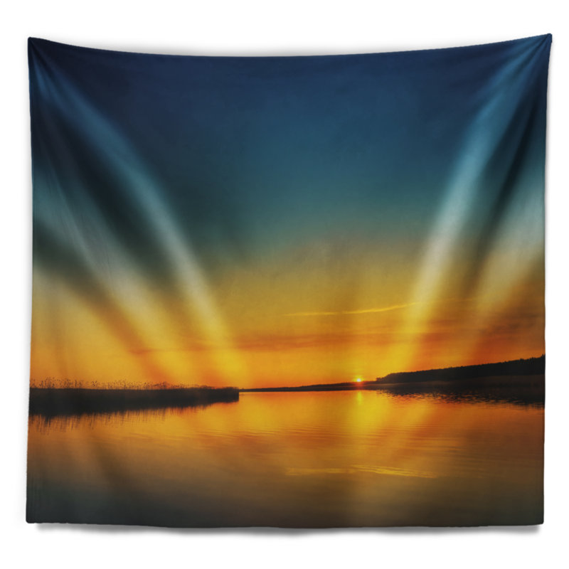 Photographie de l'horizon, coucher de soleil orange sur une tapisserie, H 78 po x l 92 po