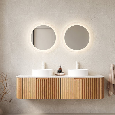 Ensemble de meuble-lavabo 60 po, 2 tiroirs, 2 lavabos ronds blancs en céramique et plateau en pierre frittée blanche, grain de bois naturel pré-assemblé