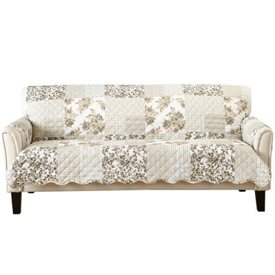 Reversible Patchwork Sofa Cover - Washable Slipcover Furniture Protector With Elastic Straps - Perfect For Kids  Pets - Box-Stitched Detail (Taupe)
