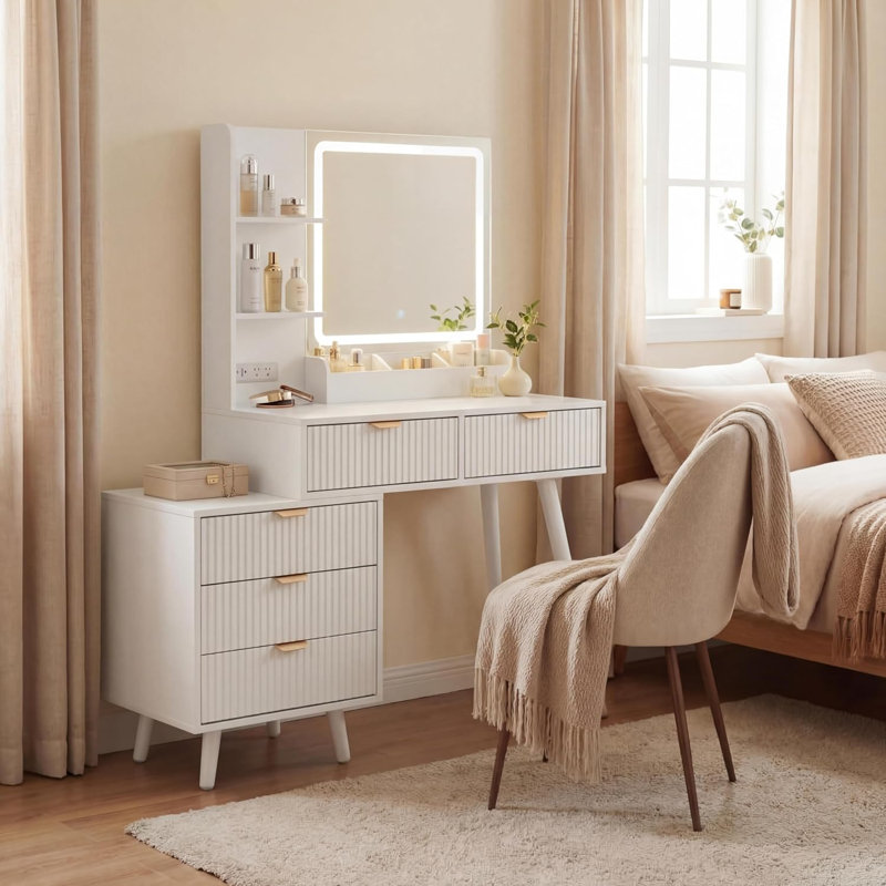 Bureau de coiffeuse avec miroir lumineux et prise de courant, coiffeuse de maquillage avec 5 tiroirs et panneau ondulé, coiffeuse à éclairage 3 couleurs avec tablettes de rangement pour la chambre à coucher