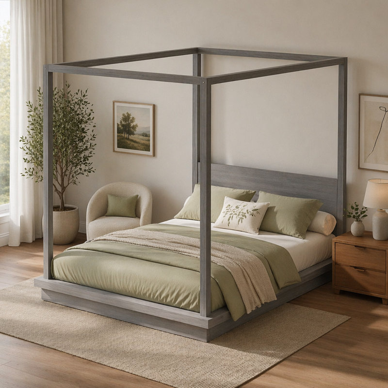 Lit plateforme à baldaquin en bois avec tête de lit, Gris, King