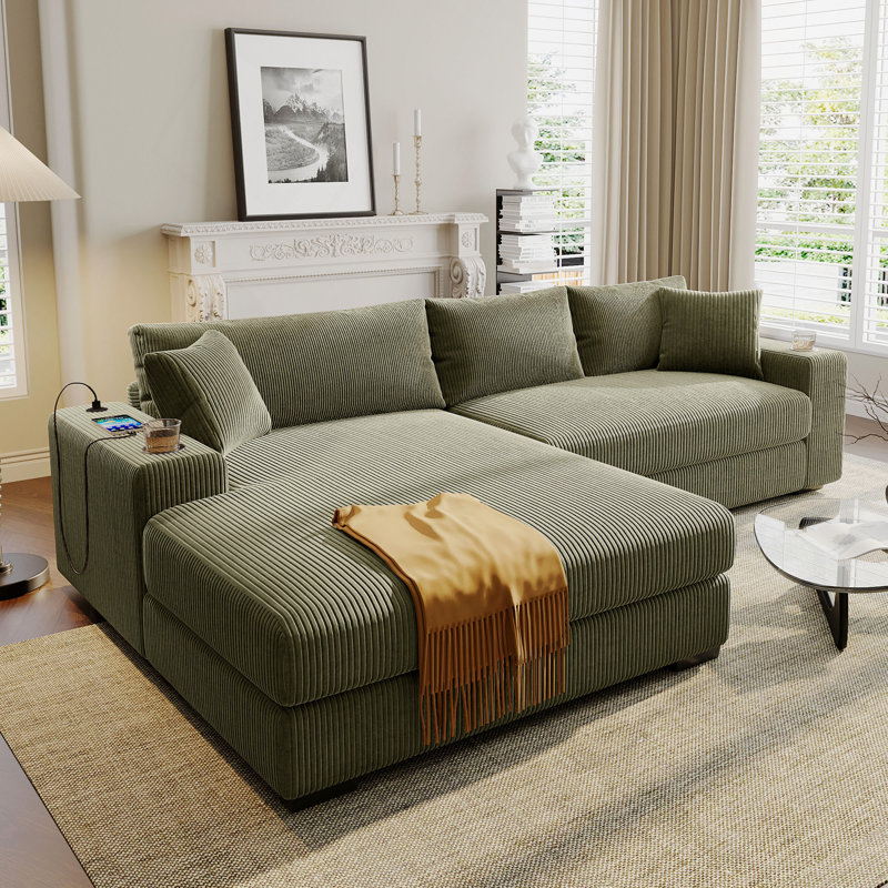 Canapé modulaire avec coussins épais et porte-gobelets intégrés et ports de charge, Vert