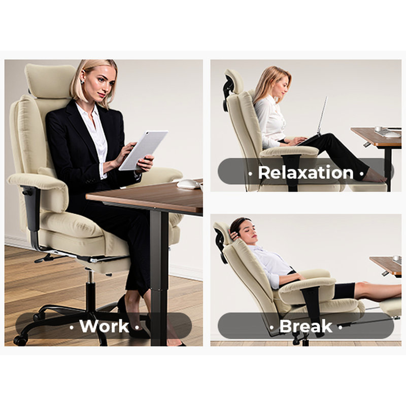 Fauteuil d'ordinateur ergonomique beige avec repose-pieds extensible, coussin lombaire et coussin de confort réglable, Beige