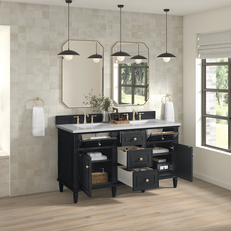 Lorelai 60'' W Double Vanity, Carrara White, Black Onyx, 8" Widespread