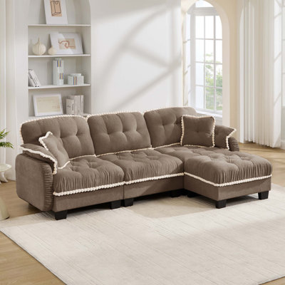 Canapé en L Chenille avec repose-pieds mobile et coussins matelassés