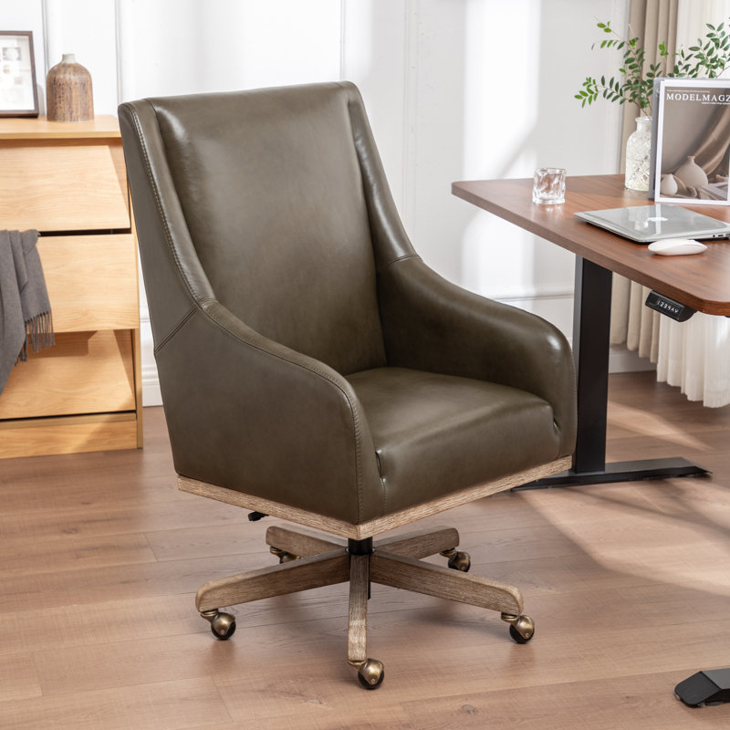 Chaise de bureau en cuir véritable Jamestown avec pieds en bois massif, Vert olive